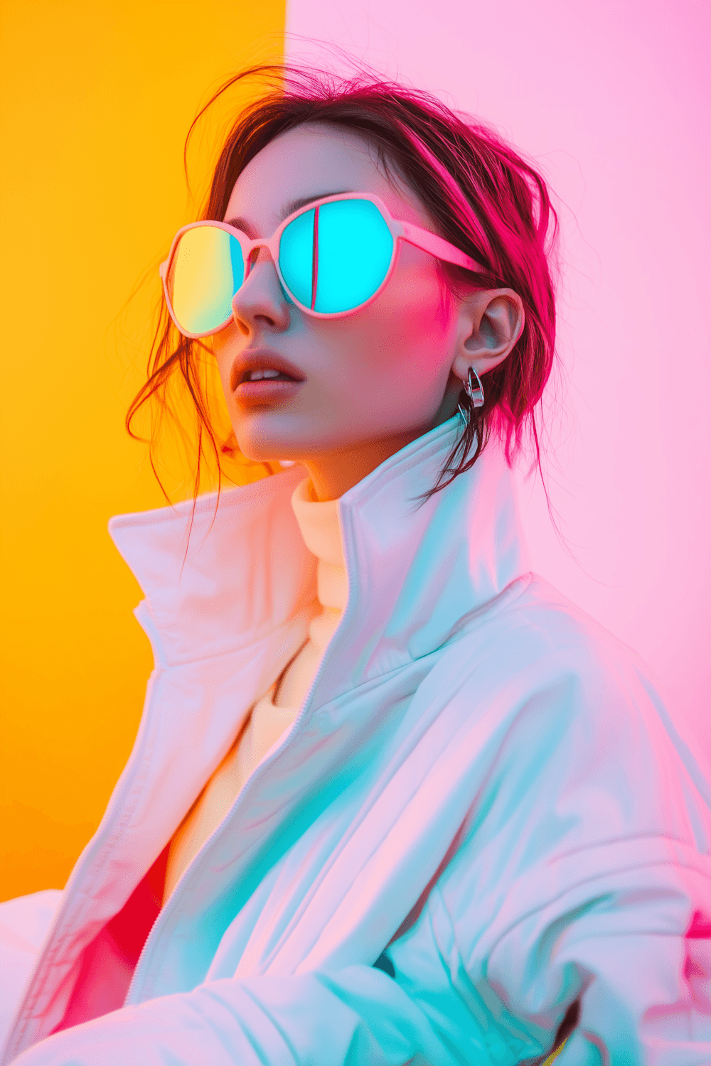 Woman in reflective pastel sunglasses and a white jacket lit by bold yellow and pink light.