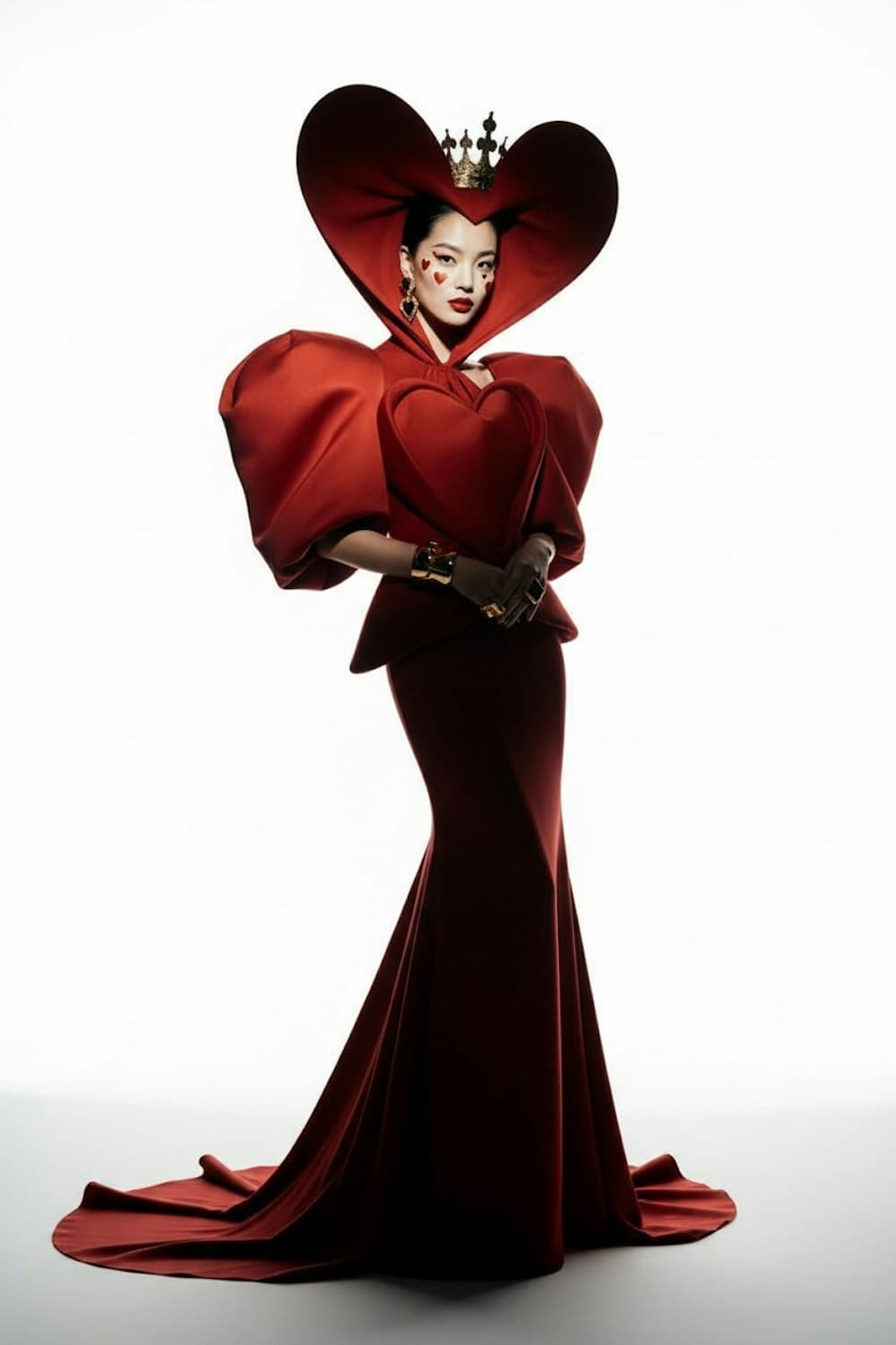 Model in a sculptural red heart shaped gown wearing a small gold crown against a white backdrop.